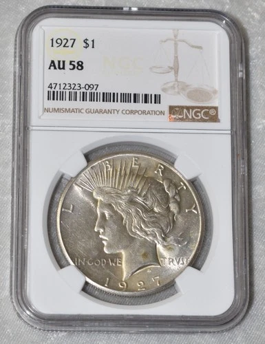 1927 P PEACE 90% SILVER $1 DOLLAR NGC CERTIFIED AU 58 AU58 PHILADELPHIA US MINT