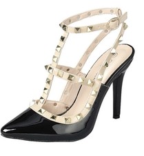 Women High Heel Shoes Size 6 Kunsto Studded Stiletto Black/Tan Patent LeatherNEW