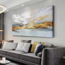 Modern Abstract Wall Art Wall Decorations Greyish White Gold and Blue Abstrac...