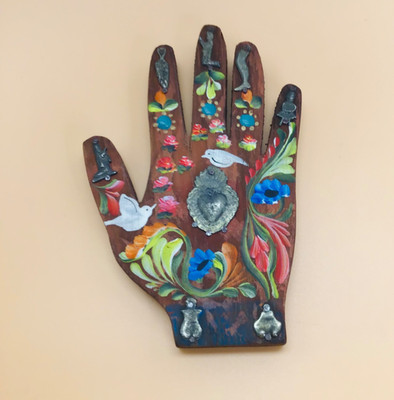 Milagros Wooden Hand with Painted Flowers / Milagro charms Folk Art wall art 8''