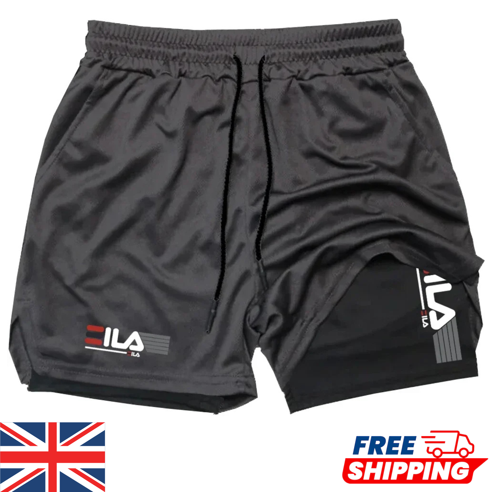 Mens 2 in 1 Shorts Sport Gym Running Fitness Training Quick Dry Double Layer UK