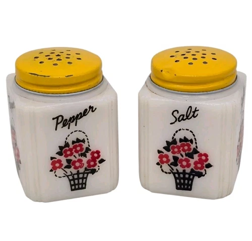 McKee Tipp City Vintage Milk Glass Range Salt & Pepper Shakers MCM Flower Basket