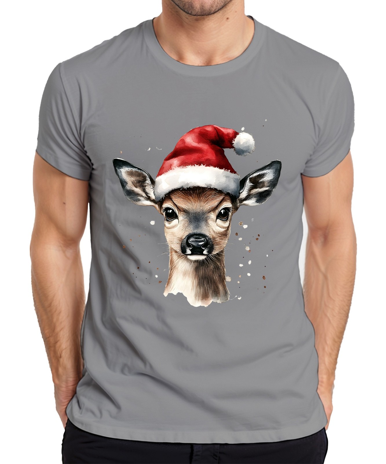Cute Fawn Santa Hat Christmas Gift Watercolor Vintage Mens T-Shirt