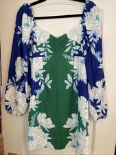 Farm Rio Soft Garden Linen Blend Puff Sleeve Mini Dress Floral Blue Size Small