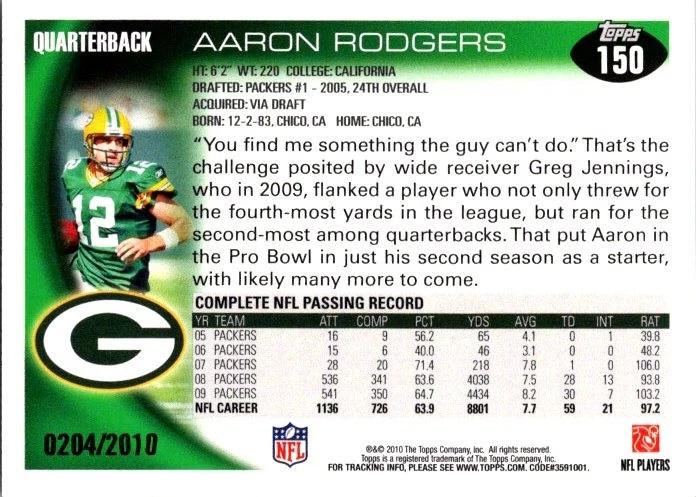 Aaron Rodgers 2010 Topps #150 #/2010 Green Bay Packers - Image 2 of 2
