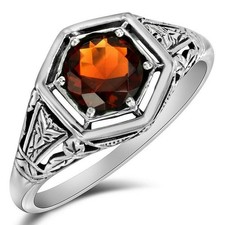 1CT Natural Fire Garnet 925 Solid Sterling Silver Filigree Ring Sz 7