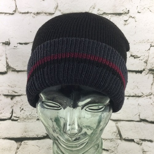 Beanie Hat Black Grey Red Stripe Cold 
