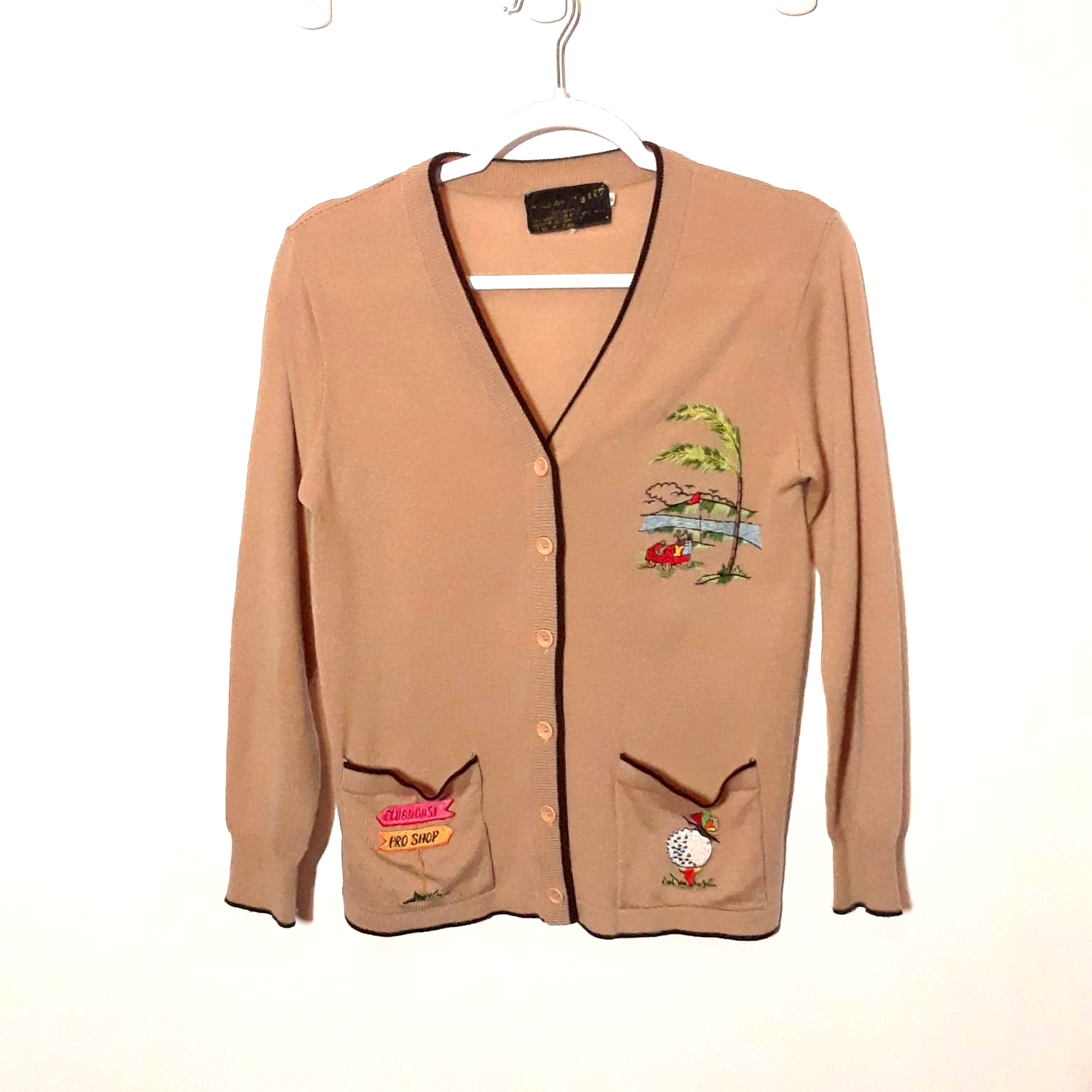 Vintage 60s Embroidered Golf Cardigan Sweater size XS, VGUC! Novelty