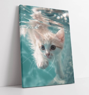 SÜSSES KÄTZCHEN SCHWIMMT IM WASSER - GERAHMTES LEINWANDBILD WANDBILD BILD DRUCK