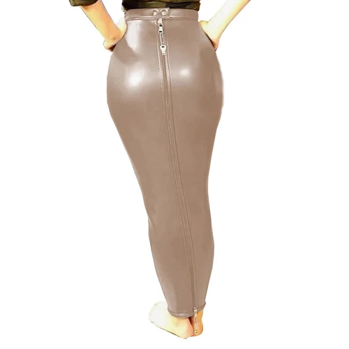 Sexy Women PU Leather High Waist Full Zip Lockable Sissy Hobble Pencil Skirts - Picture 12 of 32