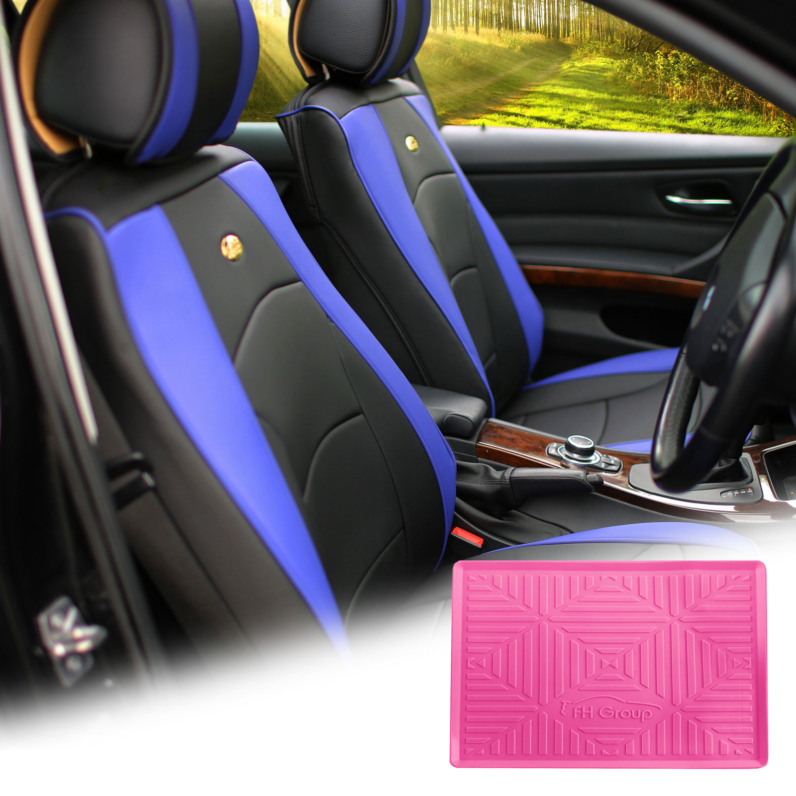 Leatherette Seat Cushion Covers Front Bucket Blue w/ Pink Dash Mat For Car