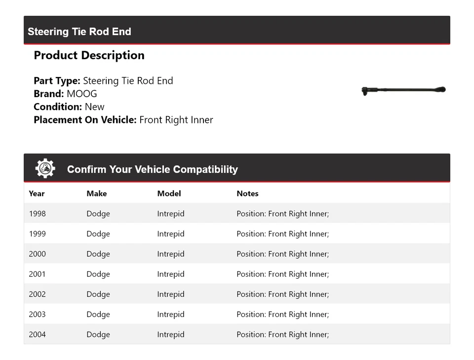 Extremo de barra de dirección interior delantero derecho MOOG 1998-2004 Dodge Intrepid 1998 Foto 2 de 4