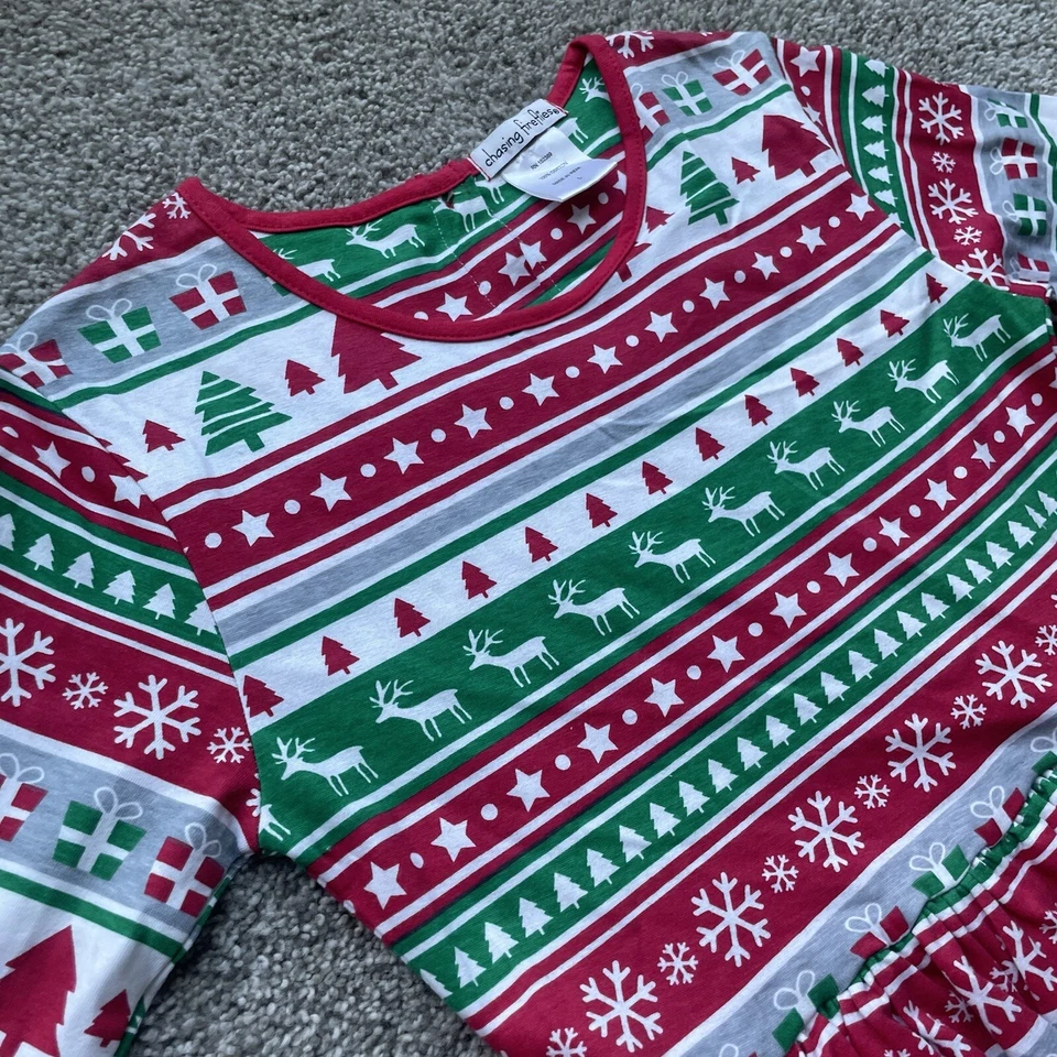 Chasing Fire flies Christmas Dress Girls Large Holiday Red/ Green Cotton Pompoms - Image 2 of 4