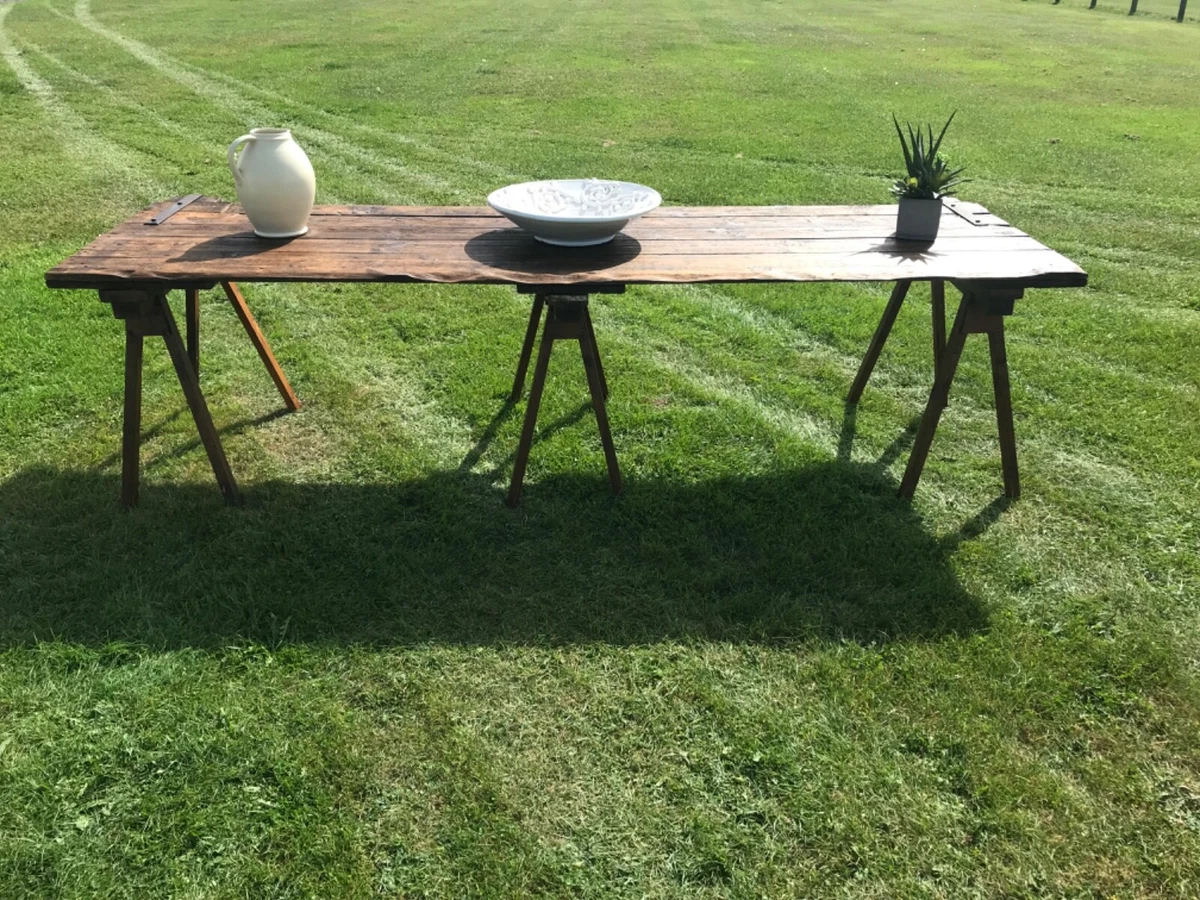large vintage rustic pine trestle dining party table waney edge A