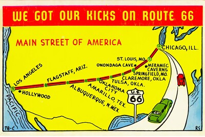 Route 66 Trip Map  Souvenir Postcard Vintage Design