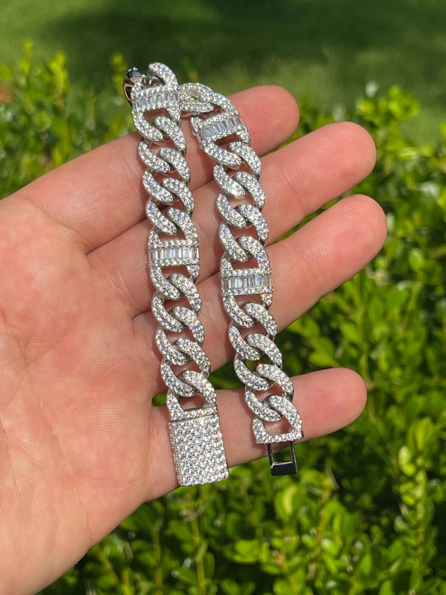 Real Solid 925 Silver Mens Miami Cuban Iced Gucci Link Bracelet Baguette CZ