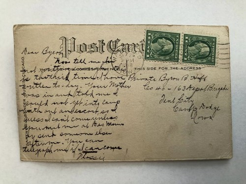 1918 WWI Postcard To Tent City Camp Dodge Iowa Soldier, Raggedy Ann Doll