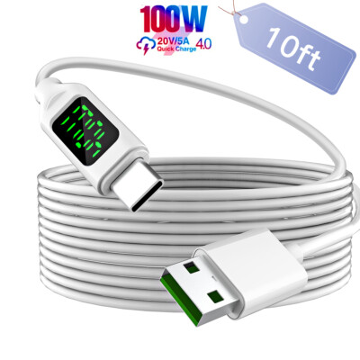 100W/5A USB C Cable Fast Charging USB-A to Type C Charger Cord LED Display 10ft