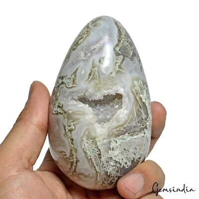 2500 CT Naturel Mousse Agate Thérapeutique Cristal Druse Forme Ovale Œuf W Socle - Photo 1/4