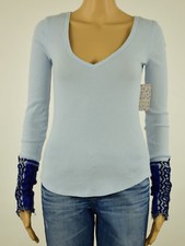 Free People Womens Blue Textured Art School Embroidered Thermal Top S
