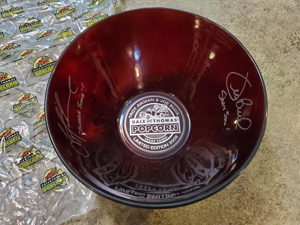 Cuenco palomitas de vidrio vintage Dale and Thomas edición limitada firmado Aikman & Buck con bolsa Foto 2 de 4