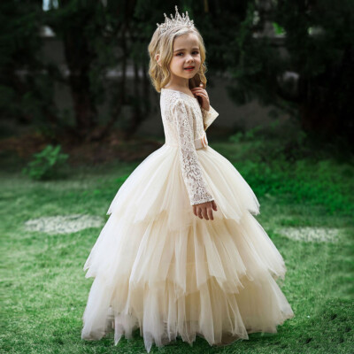 Long Sleeves Flower Girls Dresses Wedding Birthday Party Performance Gown 