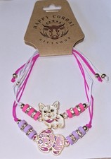 2Pc Adjustable Beaded Rhinestones Enamel Dog Pink White Bracelets Gifts Girls