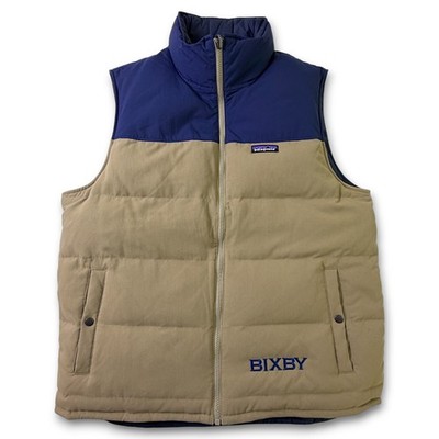 Patagonia Bivy Reversible Down Vest Jacket Men's Large Navy Tan Puffer Bixby