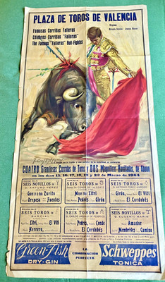 1964 Plaza De Toros De Valencia Bull Fighting Poster 21'' x 42'' Schweppes Tonic