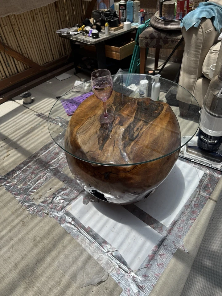 Teak Burl Epoxy Glass Top Side Table Handmade Floating Base Modern 22.5”H - Image 2 of 4