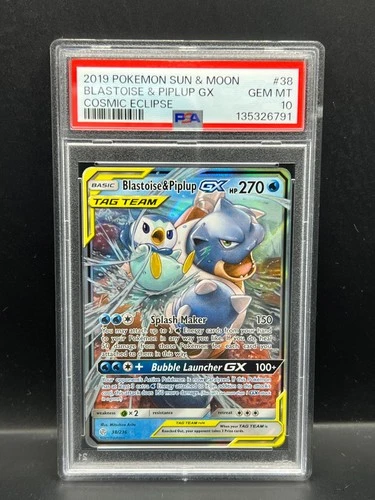 Pokemon PSA 10 GEM Blastoise & Piplup GX 38/236 Cosmic Eclipse Holo 2019 S#6791