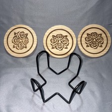 Roses Laser Engraved Wooden Coasters Set Of 3 Hand Made In USA