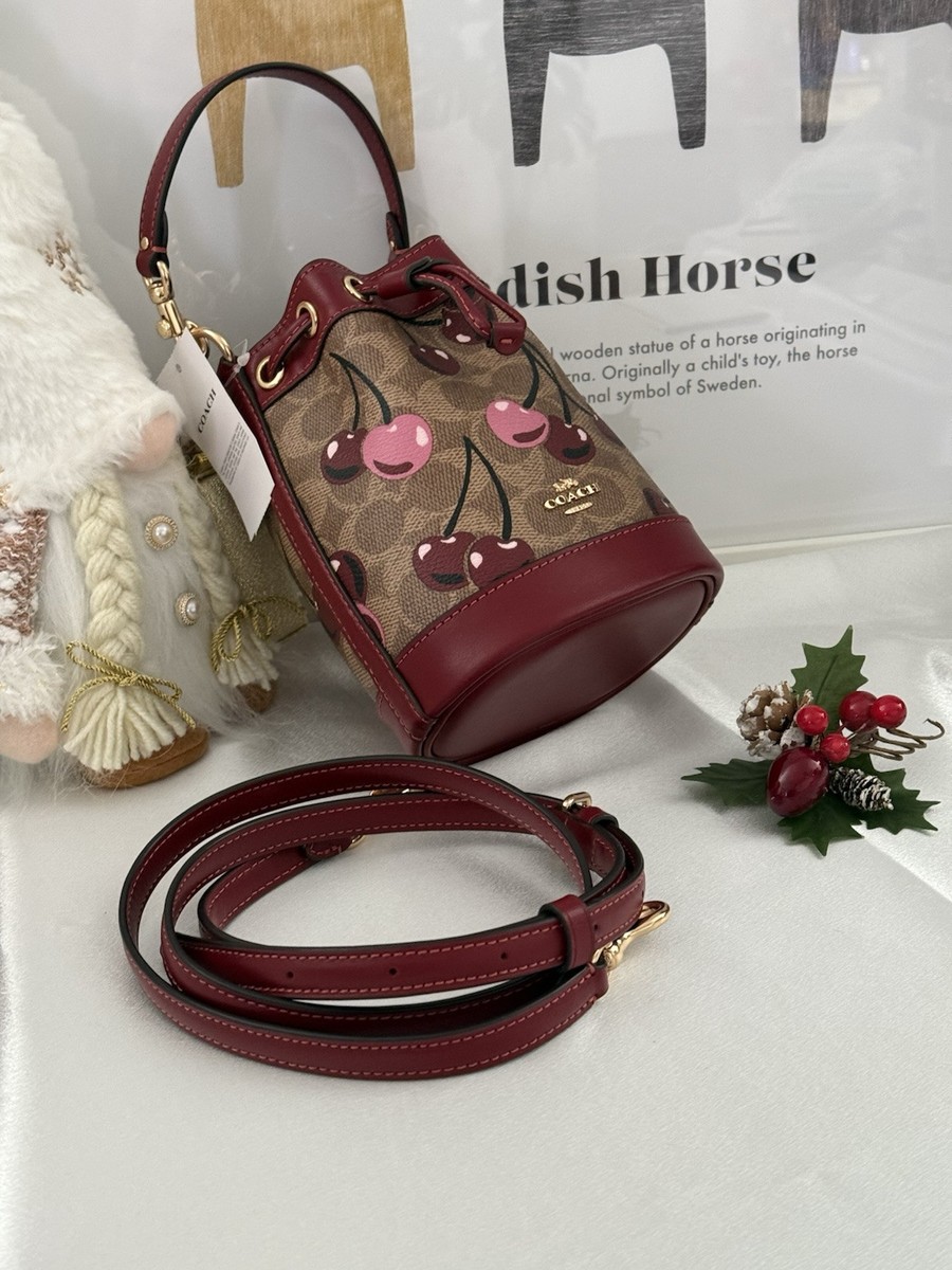 NWT Coach Mini Bucket Bag In Signature Canvas With Cherry