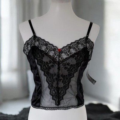 NWT Vintage Cami Camisole Lingerie Black Lace Goth Vampy Fairy Top Sheer Blouse