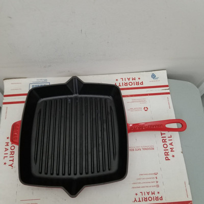 Staub Cast Iron Grill Pan 12'' Red Enamel Skillet Griddle Frying France Square