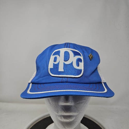 Vintage PPG Hat Cap Snap Back Blue White Mesh Trucker Patch Advertising Mens 80s
