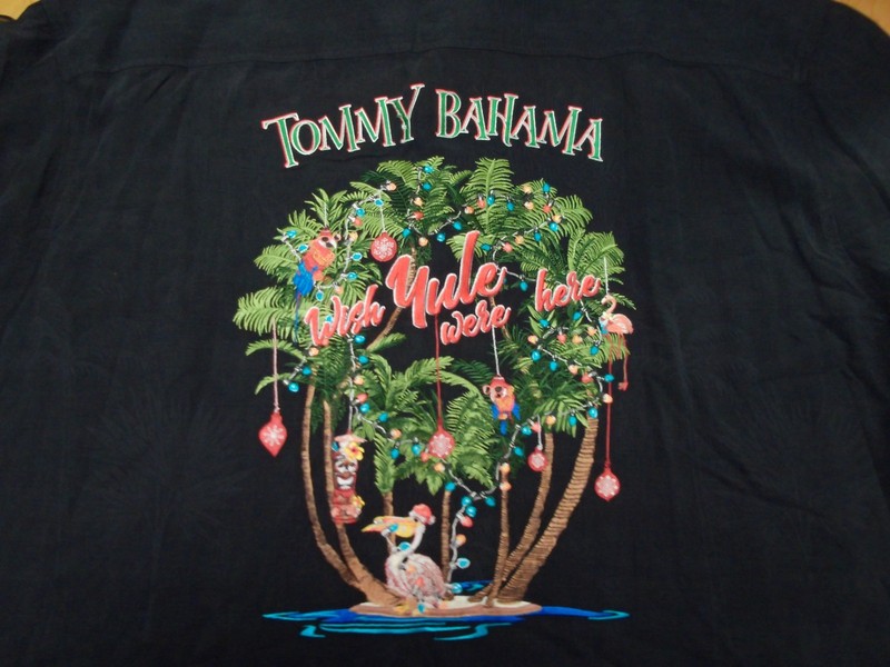 TOMMY BAHAMA EMBROIDERED 100% SILK "WISH YULE WERE HERE" CHRISTMAS IN JULY SHIRT