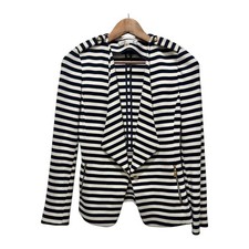 Tahari Arthur S Levine Striped Knit Blazer Navy White Gold Button Zip Pocket 2