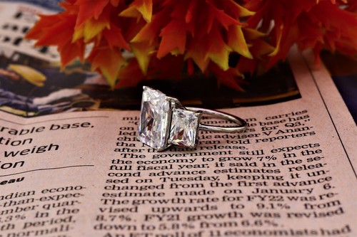 Three Stone Emerald Cut Engagement Diamond Ring For Women In Sterling Silver - Picture 5 of 11