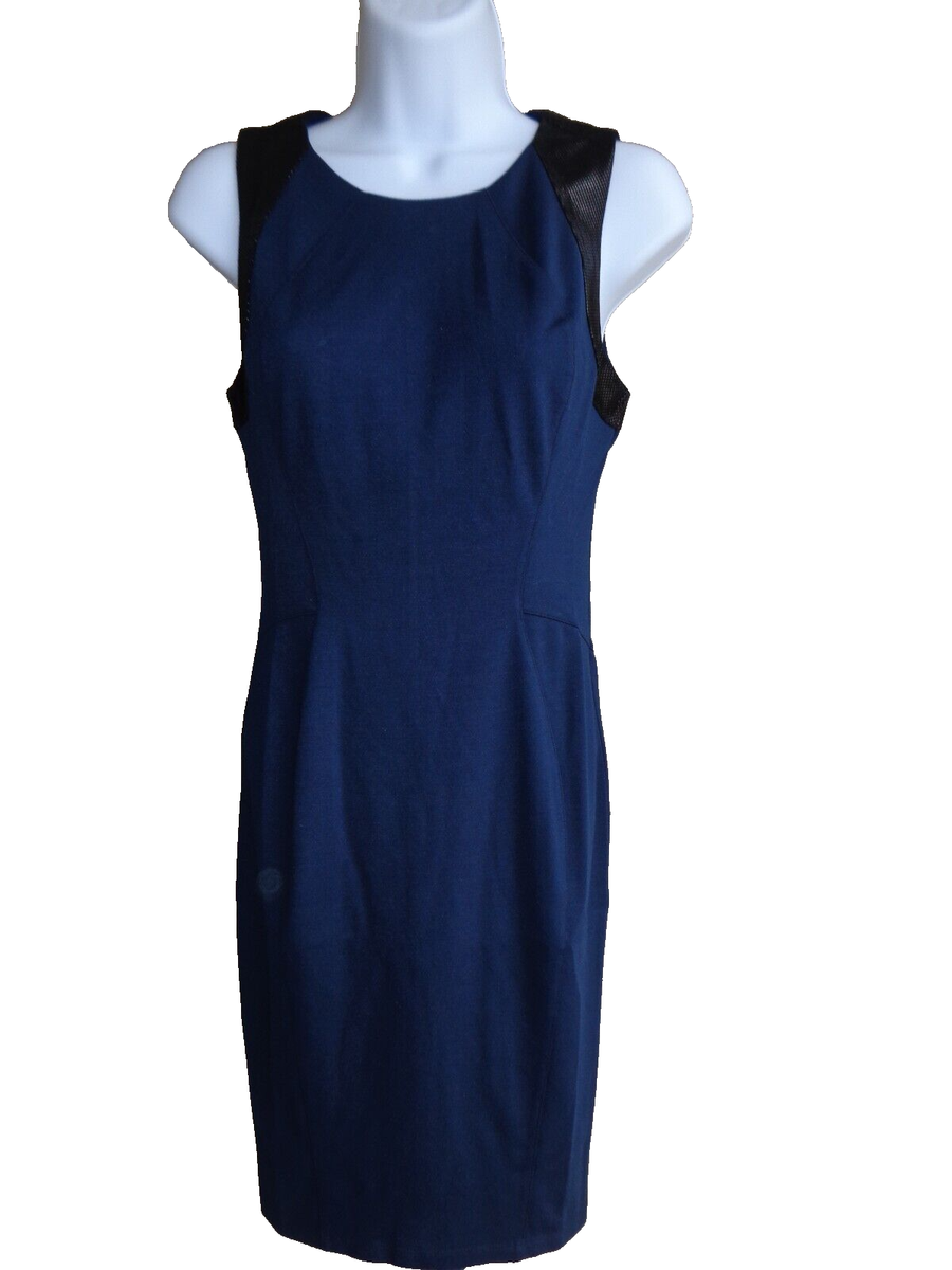 David Lerner Small Stretch Body Con Dress Trimmed with Textured Lambskin  Navy