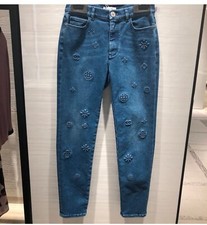 Chanel 21P NEW Blue CC LOGO CAMELLIA Embossed Jeans Pants CC button FR40