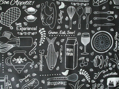 BAKING COOK WORDS BAKERY ITEMS GROW EAT SEW KITCHEN BLACK WHITE COTTON FABRIC FQ