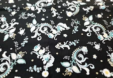 BTY Antonella 7266 Black Aqua Blue Silver Metallic Floral Hoffman Fabric Cotton
