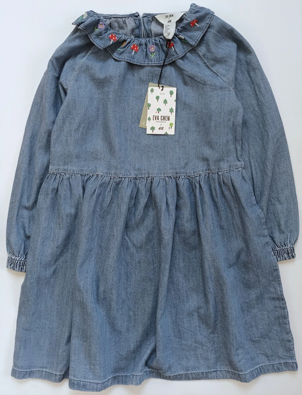 NWT H&M x Eva Chen Girls Denim Dress With Flower Embroidered Collar Size 8(8-9Y)