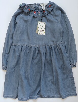 NWT H&M x Eva Chen Girls Denim Dress With Flower Embroidered Collar Size 8(8-9Y)