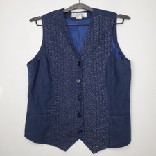 Vintage 90s Jennifer Eden Linen Vest Navy Blue Embroidered Size 7/8