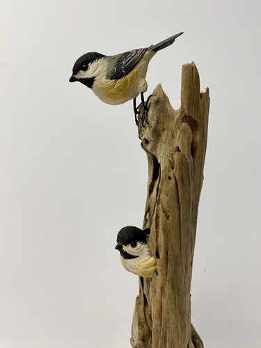 Miniature Carved Bird Figurine - Chickadees by Mark Belanger, Signed, Dated 1998