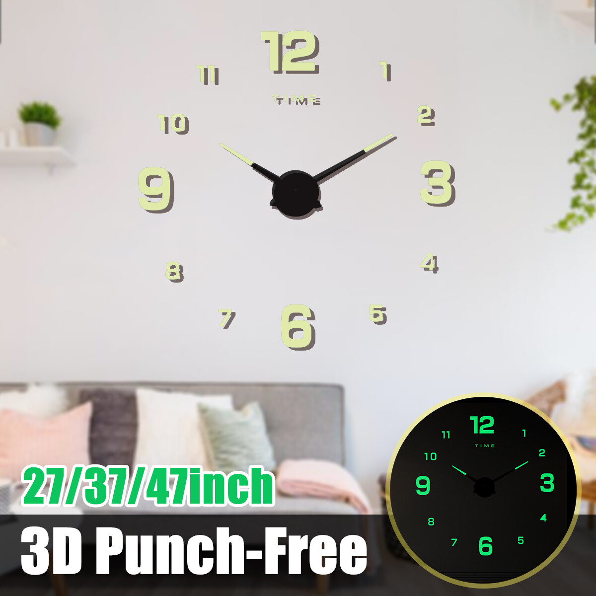 DIY Wall Clock Luminous Silent 3D Frameless Large Modern Home Room Night Decor