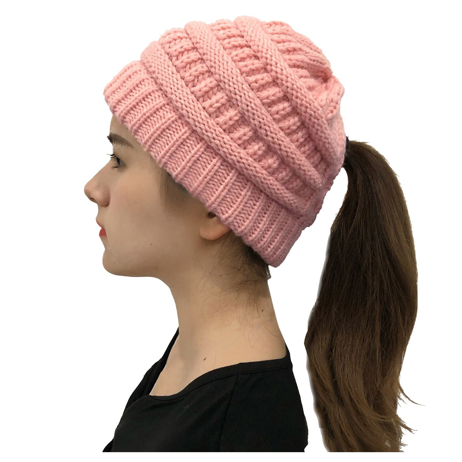 Pink Women Ponytail Messy Bun Beanie Pony Tail Winter Knit Stretch Hat US