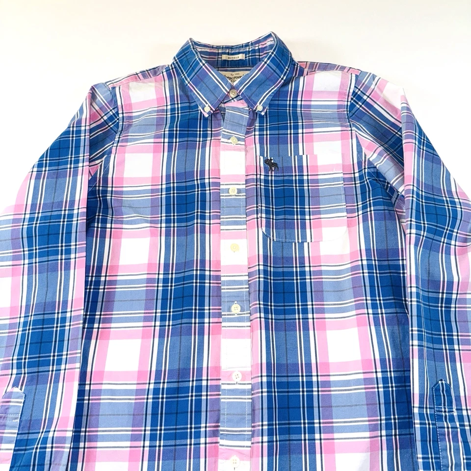 Abercrombie & Fitch Muscle Fit Flannel Shirt Men's XXL Blue Pink & White Plaid - Image 2 of 4